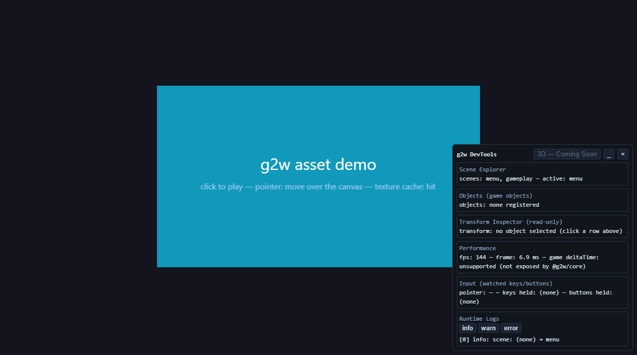 The hello-world demo running with the g2w DevTools overlay open in the bottom-right corner